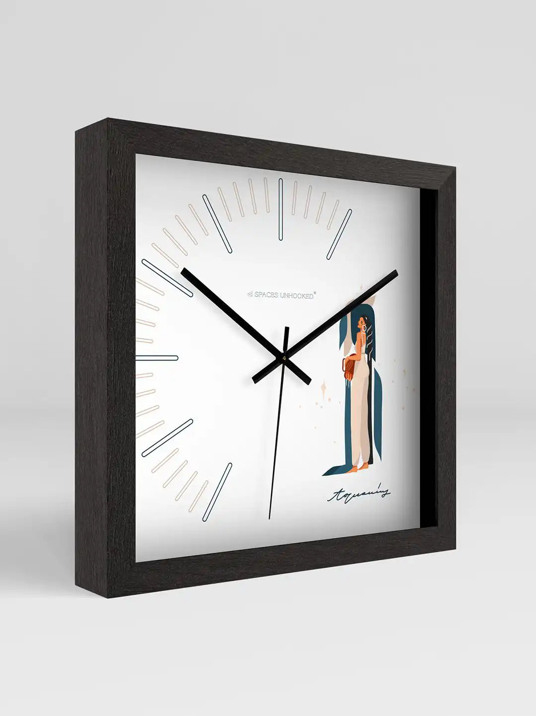 Aquarius zodiac wall clock with black wooden frame shown from an angled side view, featuring a minimalist dial and modern decorative artwork.
