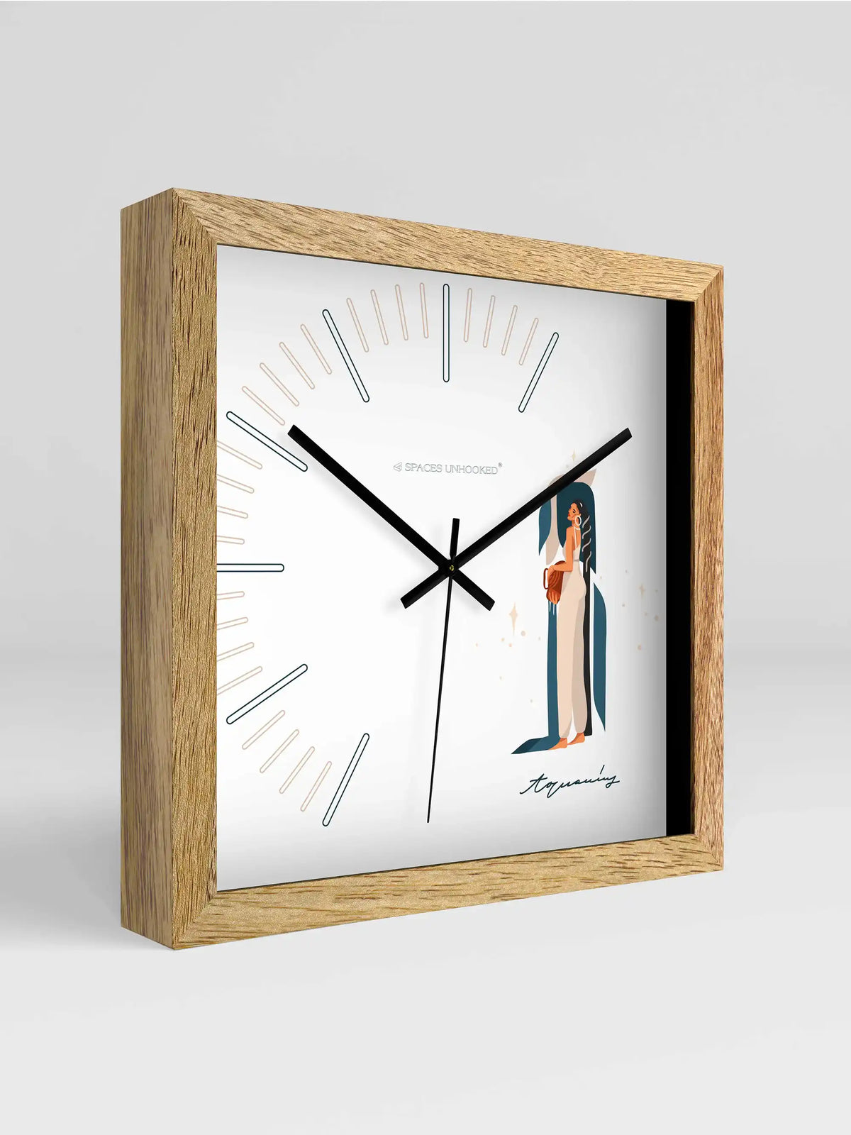 Aquarius Zodiac Wall Clock Close-Up Showing Natural Wooden Frame and Minimalist White Dial Design