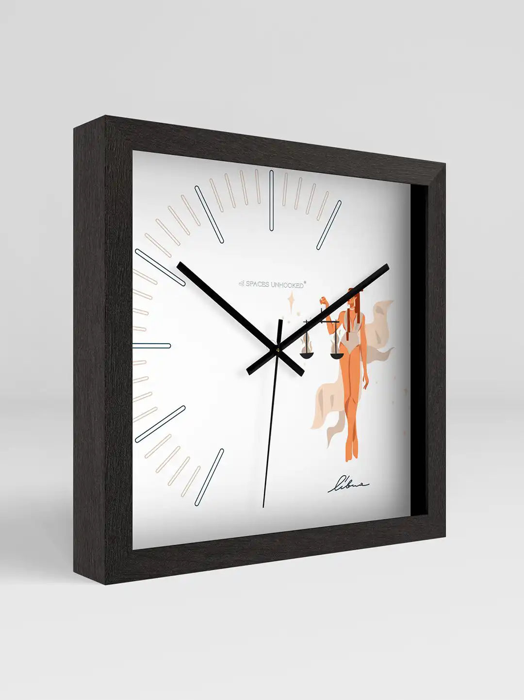 3D Side View of Dark Wood Frame Square Wooden Wall Clock with Libra Woman Illustration Dial - Large Wooden Wall Clock
