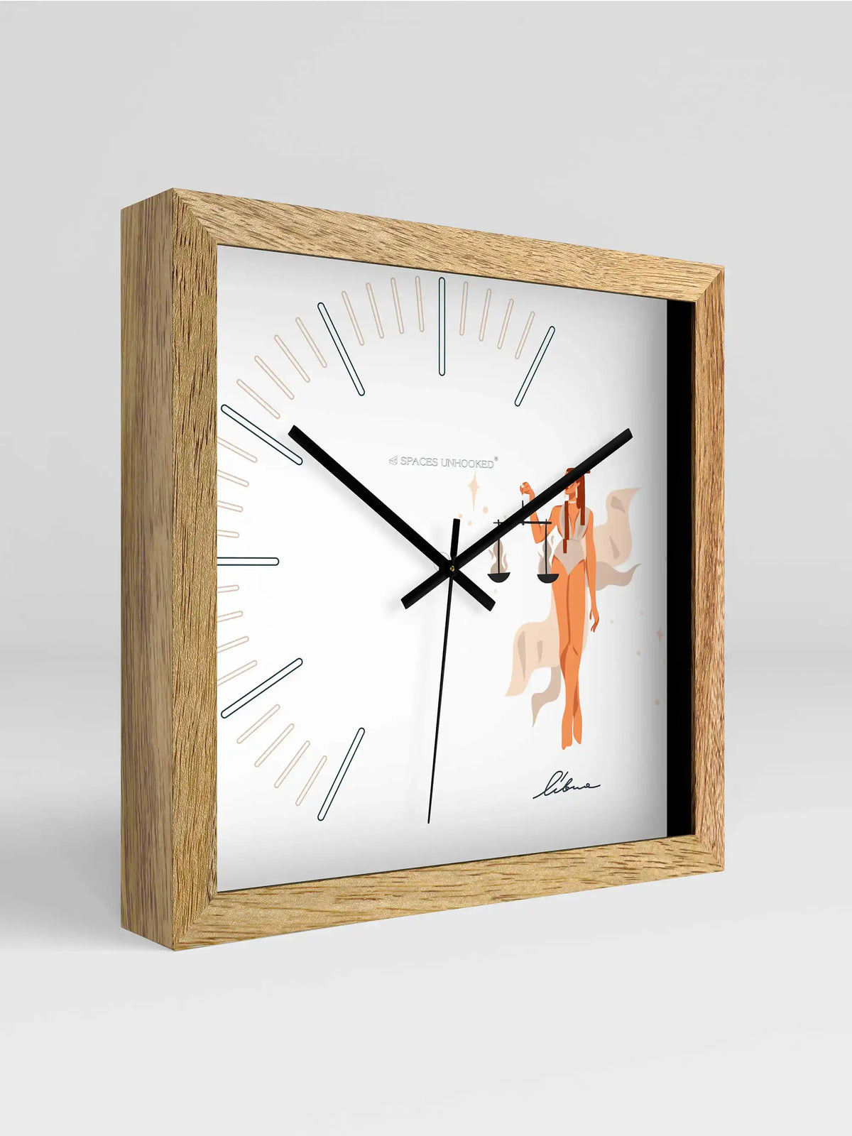 Libra Zodiac Square Light Wood Wall Clock – Front View Natural Oak Frame Illustrated Dial | Spaces Unhooked
