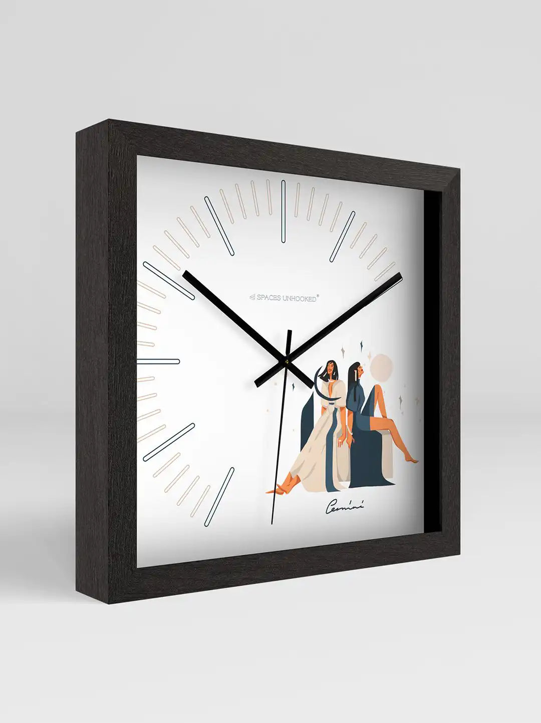 Gemini zodiac-themed square wall clock with black wooden frame, viewed from an angled side perspective showcasing frame depth and minimalist dial design.