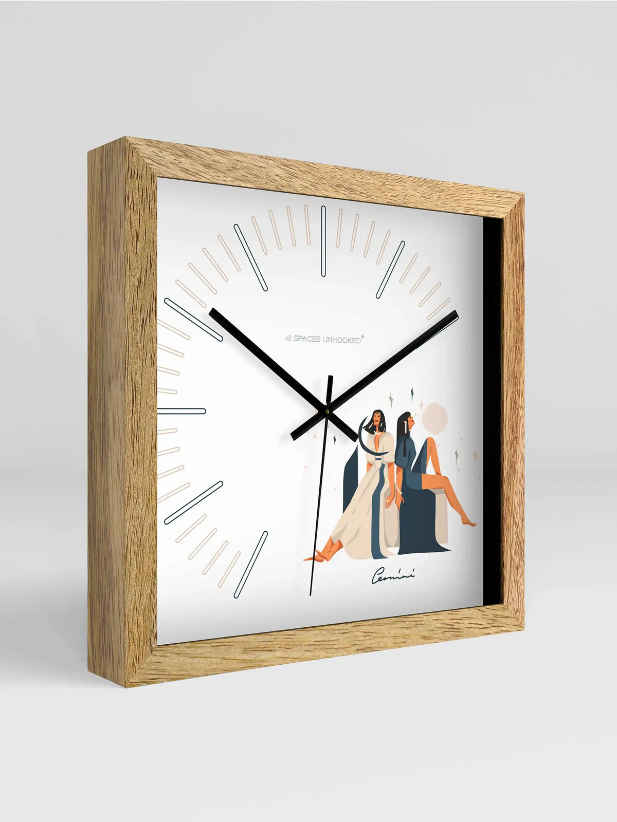 Gemini Zodiac Wall Clock Close-Up Showing Natural Wooden Frame and Minimalist White Dial Design