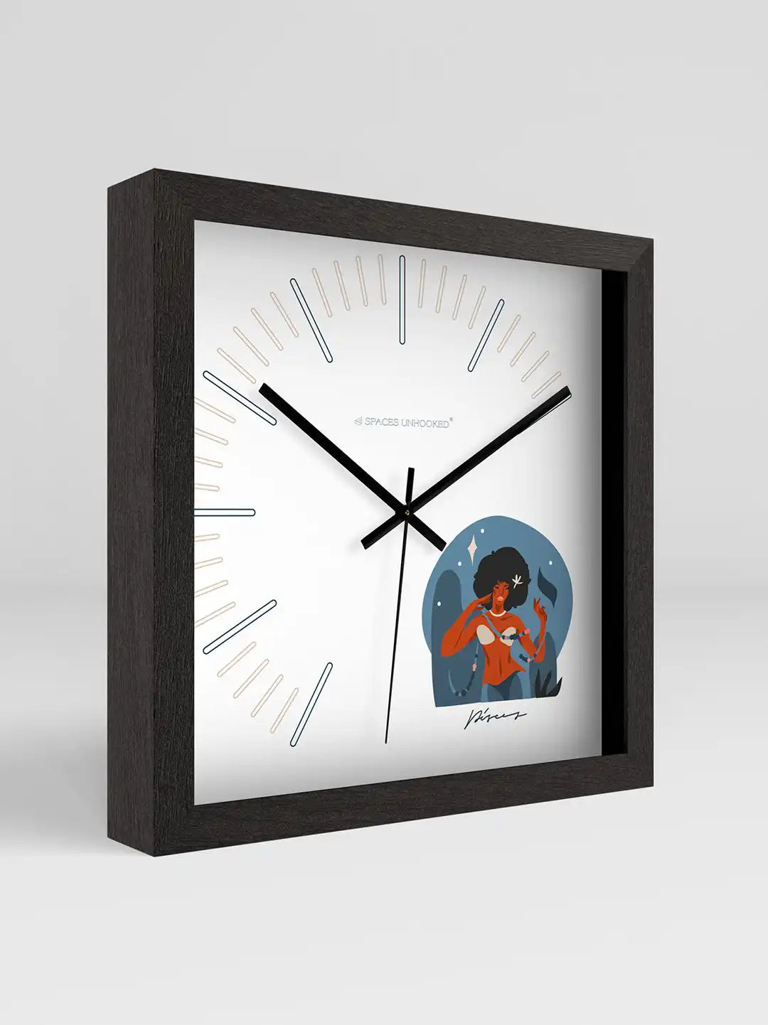 Modern square wall clock with black wooden frame, minimalist white dial, and artistic illustration accent.