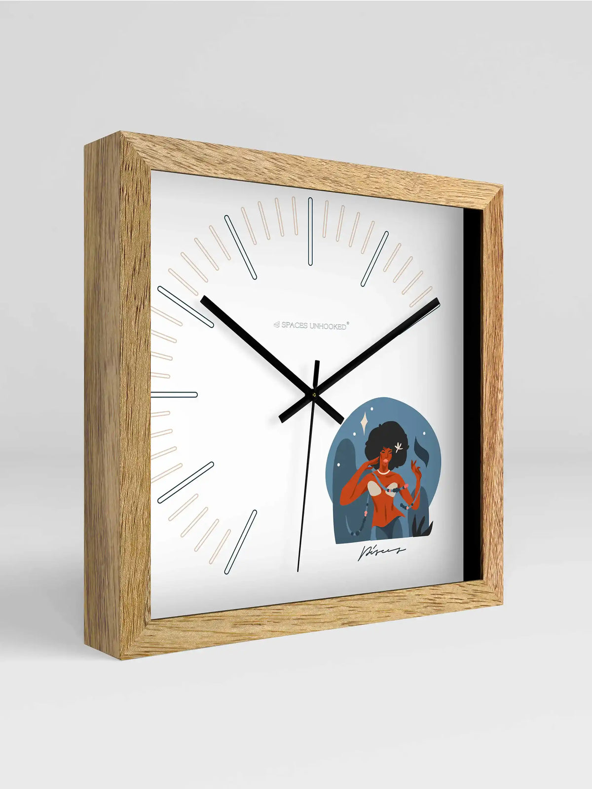 Pisces Zodiac Square Wall Clock – Front View Natural Oak Frame Tarot Style White Dial | Spaces Unhooked