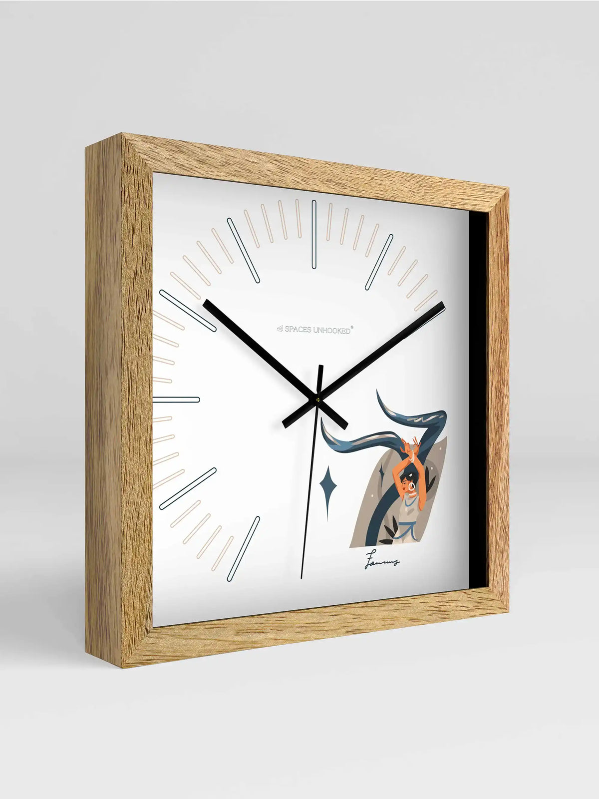 Taurus Zodiac Square Wall Clock – Front View Natural Oak Frame Tarot Style White Dial | Spaces Unhooked