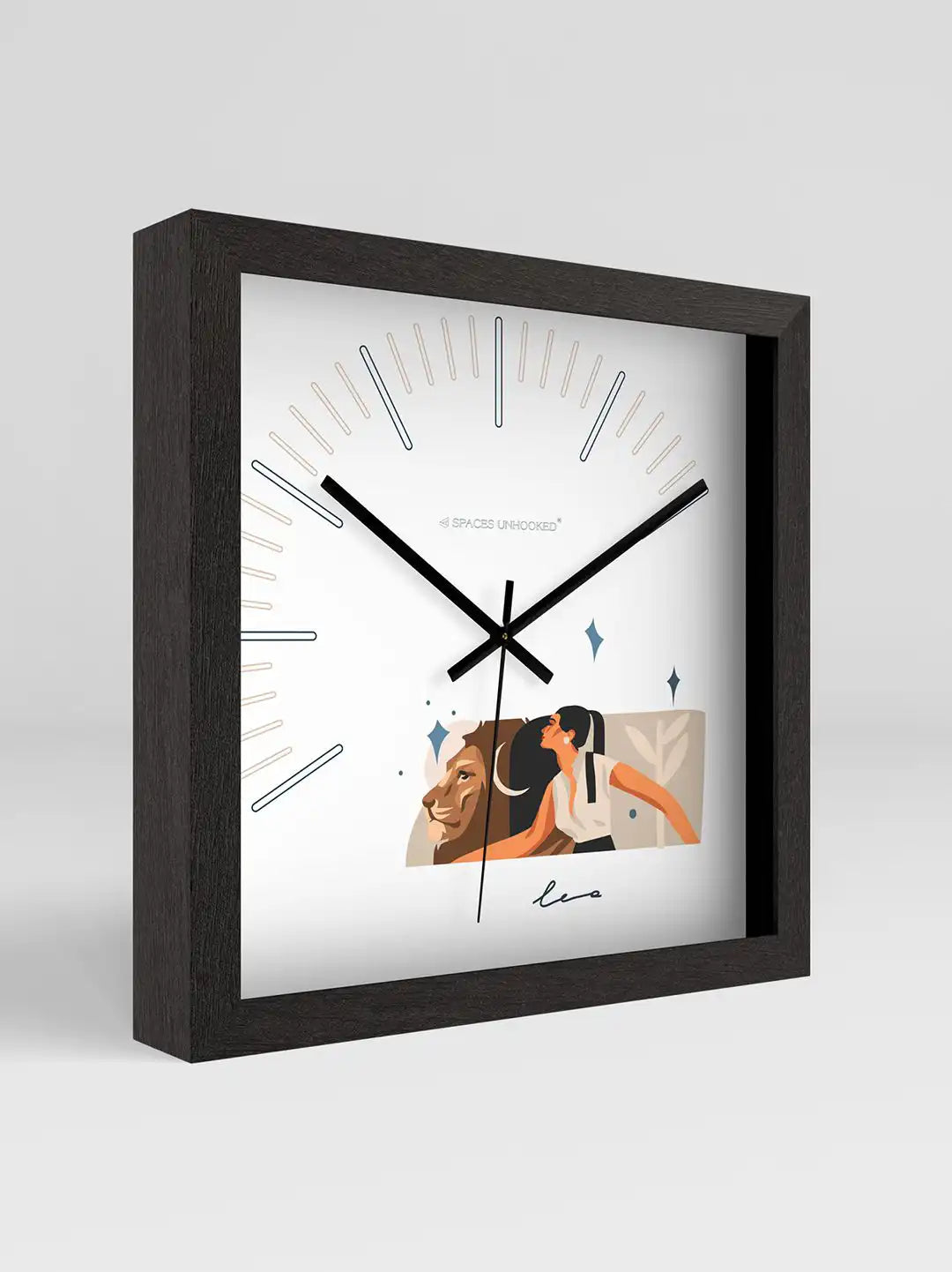 Leo zodiac-themed square wall clock with black wooden frame, minimalist white dial, silent quartz movement, and decorative lion illustration.