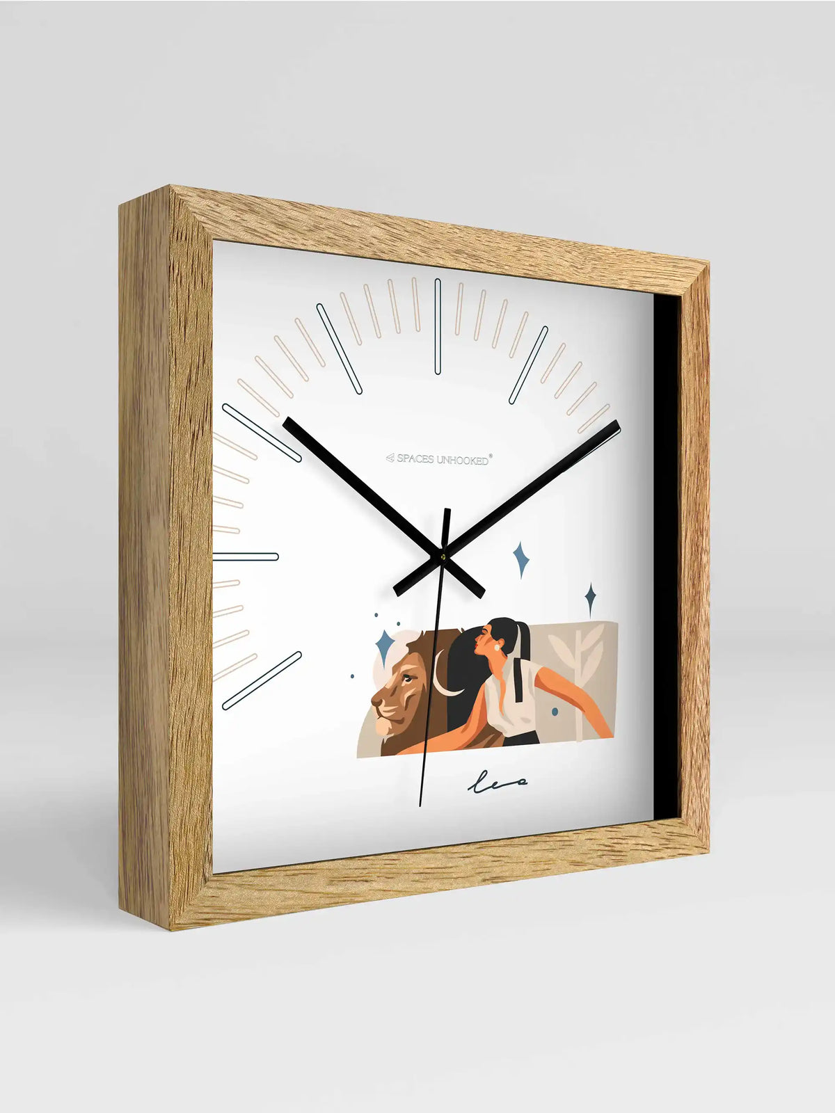 Leo Zodiac Square Wall Clock – Front View Natural Oak Frame Tarot Style White Dial | Spaces Unhooked
