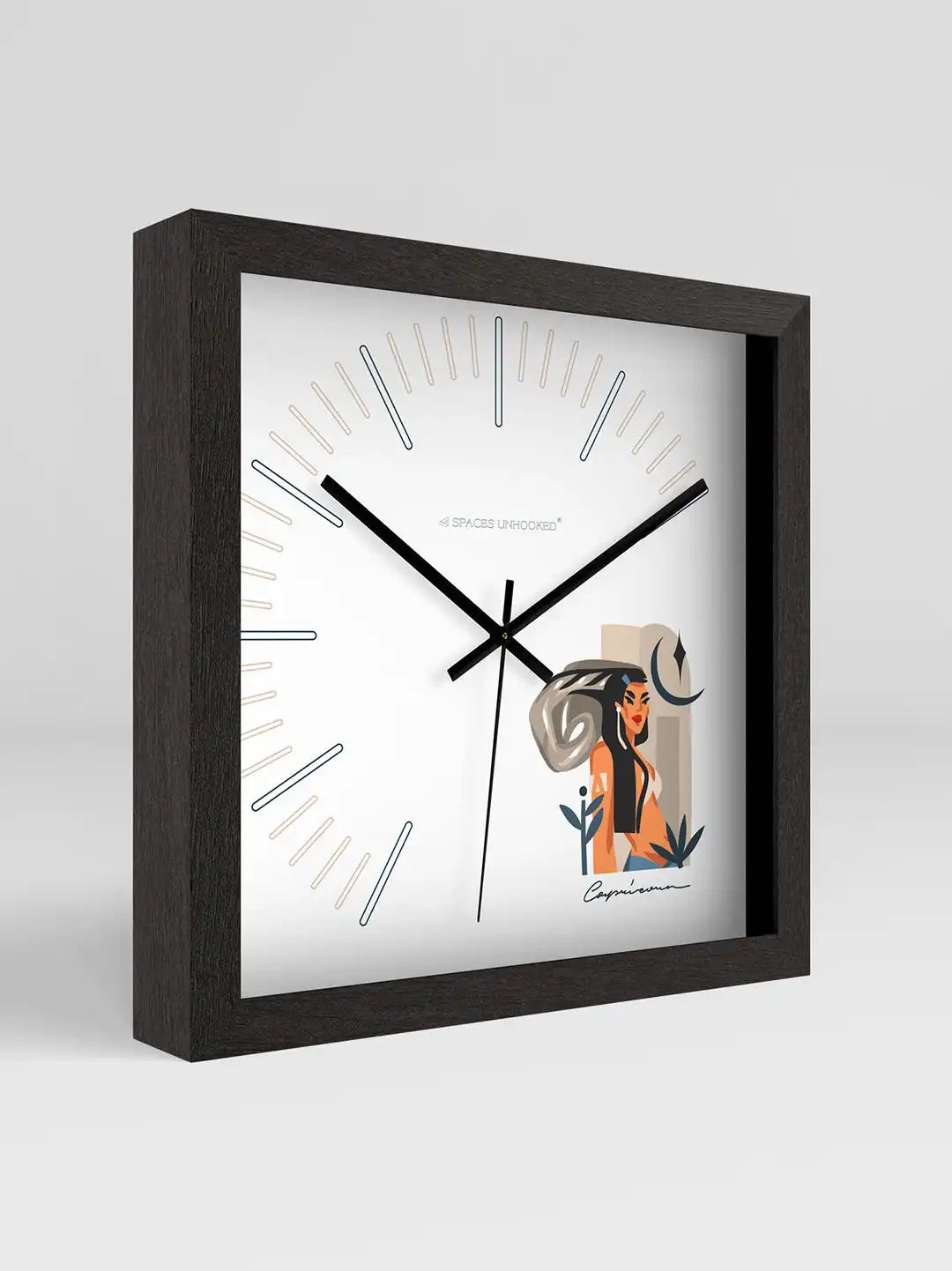 Capricorn zodiac wall clock in elegant dark wood frame, contemporary wooden clock with artistic Capricorn illustration, stylish décor accent