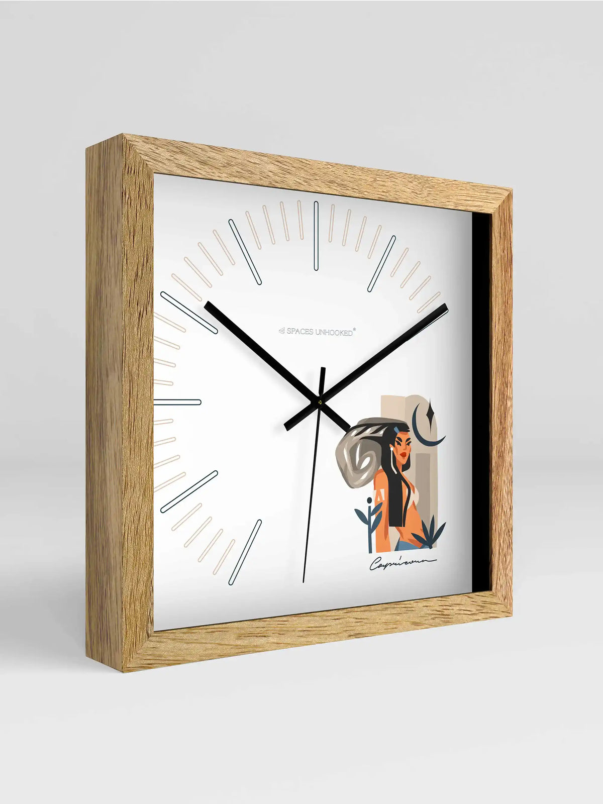 Capricorn Zodiac Square Wall Clock – Front View Natural Oak Frame Boho Illustrated Woman Moon Dial | Spaces Unhooked