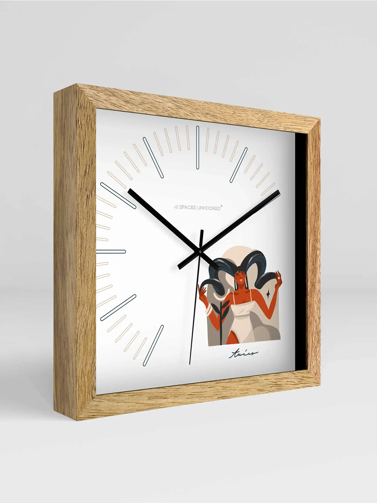 Aries Zodiac Square Wall Clock – Front View Natural Oak Frame Tarot Style White Dial | Spaces Unhooked