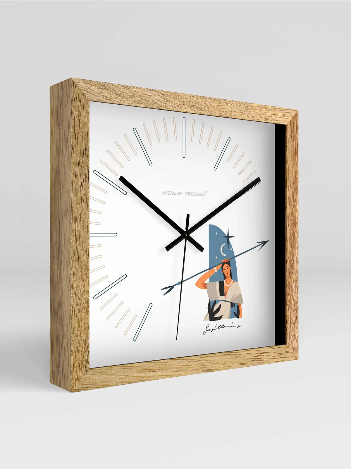 Sagittarius Zodiac Square Wall Clock – Front View Natural Oak Frame Tarot Style White Dial | Spaces Unhooked
