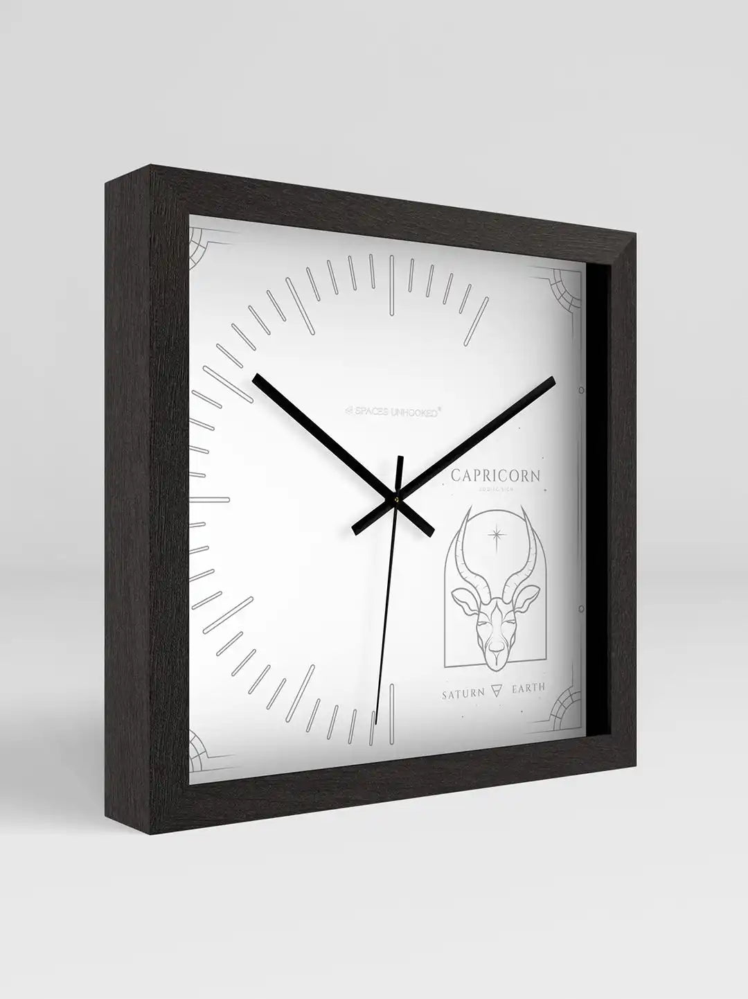 3D Side View of Dark Wood Frame Square Wooden Wall Clock with Silver Capricorn Zodiac Card Dial - Large Wooden Wall Clock