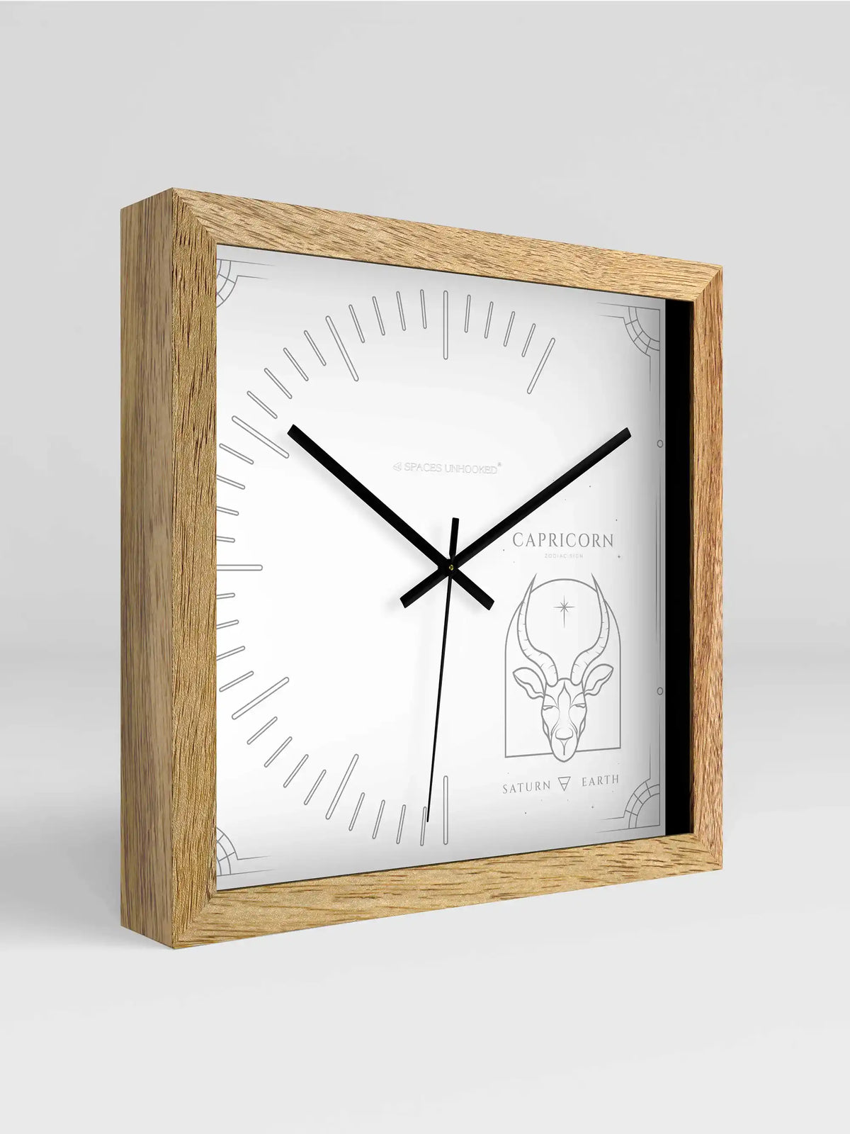 Capricorn Zodiac Square Light Wood Wall Clock – Front View Natural Oak Frame Tarot Style Dial | Spaces Unhooked