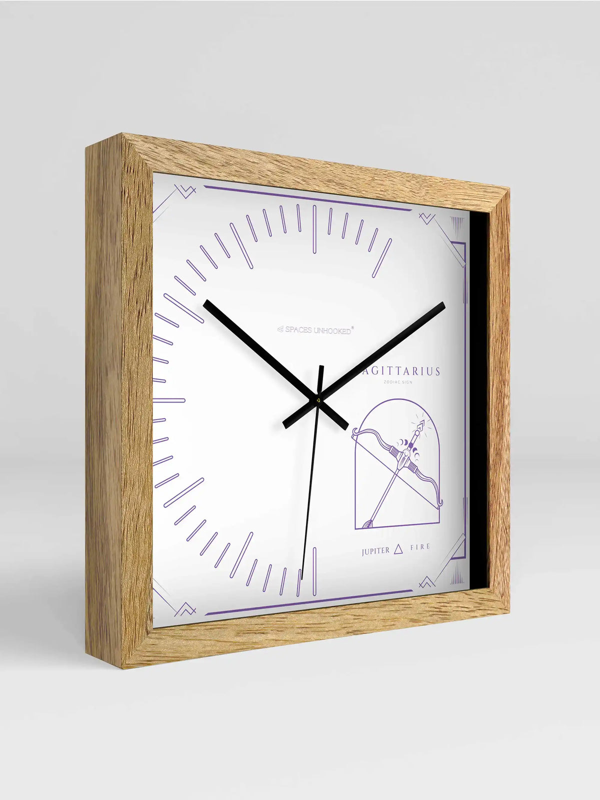 Sagittarius Zodiac Square Wall Clock – Front View Natural Oak Frame Purple Bow Arrow Tarot Dial | Spaces Unhooked
