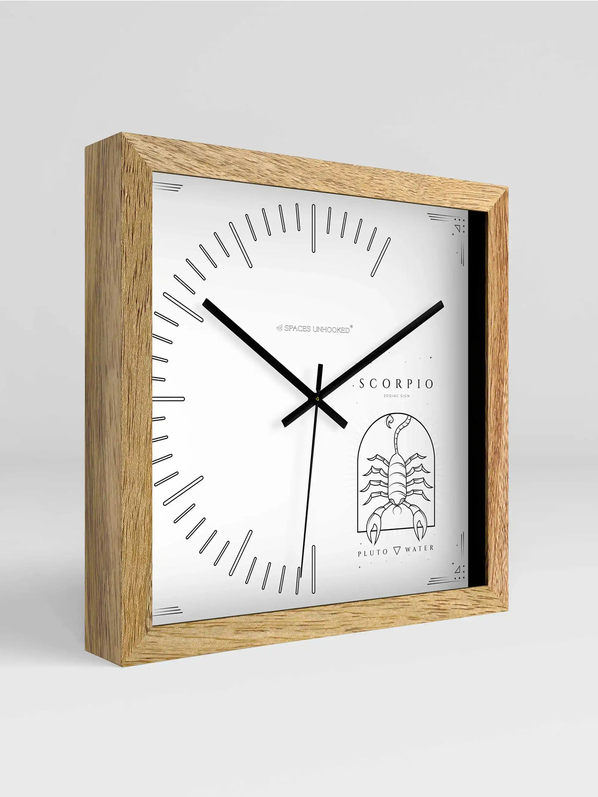 Scorpio Zodiac Square Wall Clock – Front View Natural Oak Frame Black Scorpion Tarot Dial | Spaces Unhooked