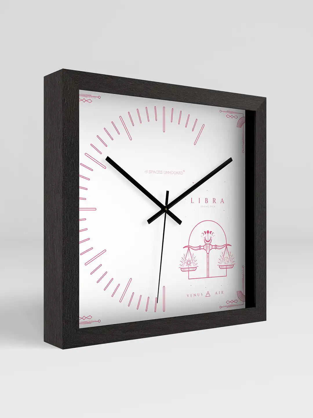 3D Side View of Dark Wood Frame Square Wooden Wall Clock with Pink Libra Zodiac Card Dial Venus Air - Large Wooden Wall Clock