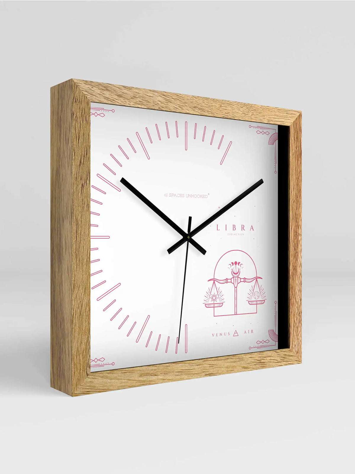 Libra Zodiac Square Light Wood Wall Clock – 3D View Natural Oak Frame White Dial | Spaces Unhooked