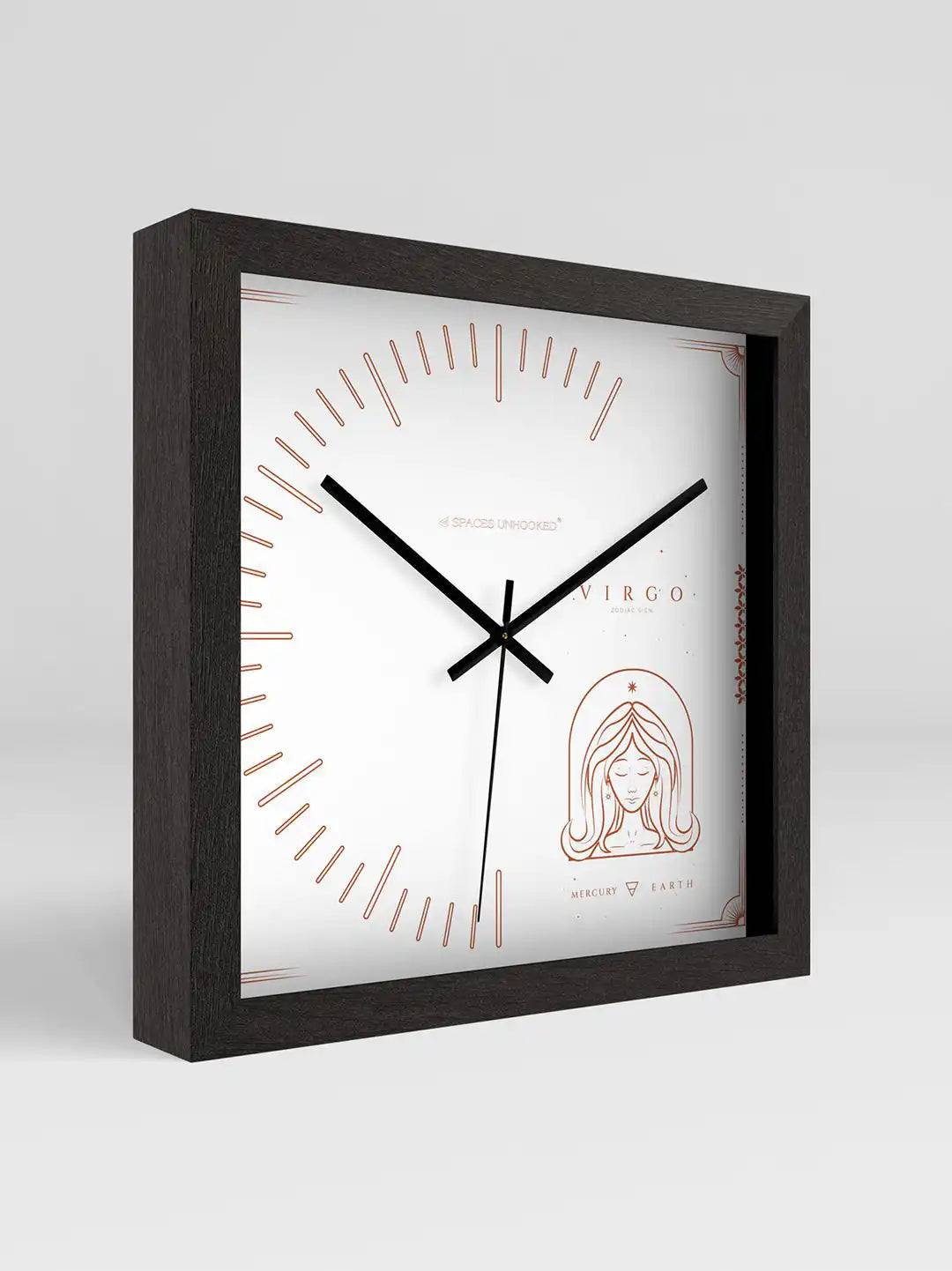 Grey 3D | Virgo wooden wall clock in dark wood frame, modern wood wall clock with zodiac design, large wooden wall clock for living room décor