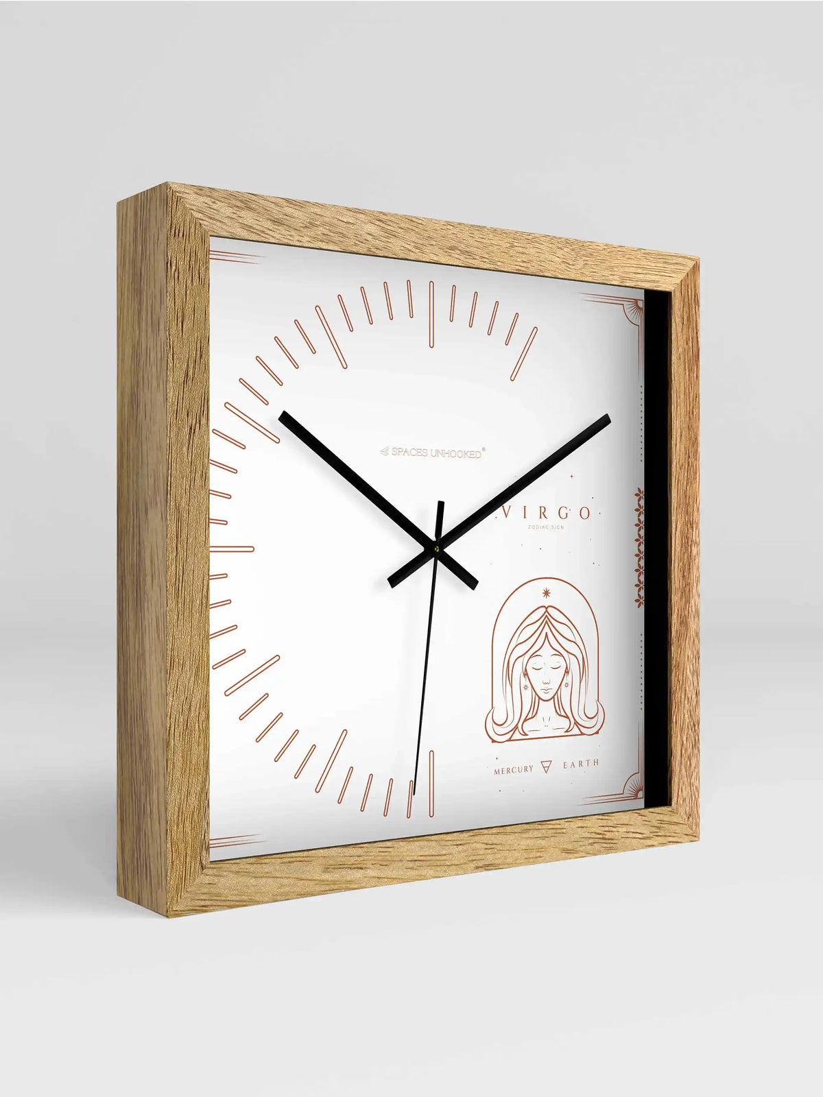 Virgo Zodiac Square Wall Clock – Front View Natural Oak Frame Copper Mercury Earth Tarot Dial | Spaces Unhooked