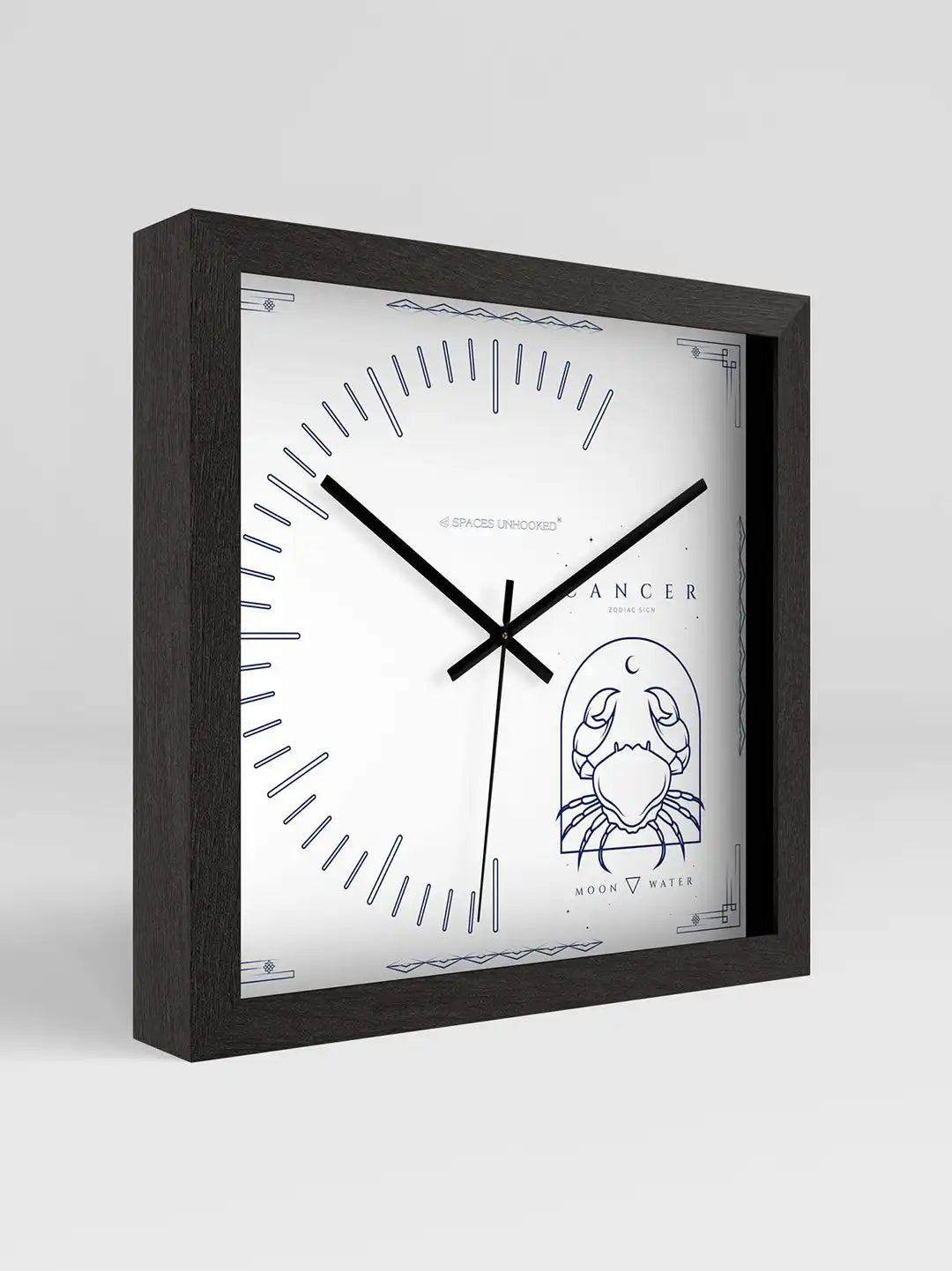 3D Side View of Dark Wood Frame Square Wooden Wall Clock with Navy Blue Cancer Zodiac Card Dial - Large Wooden Wall Clock