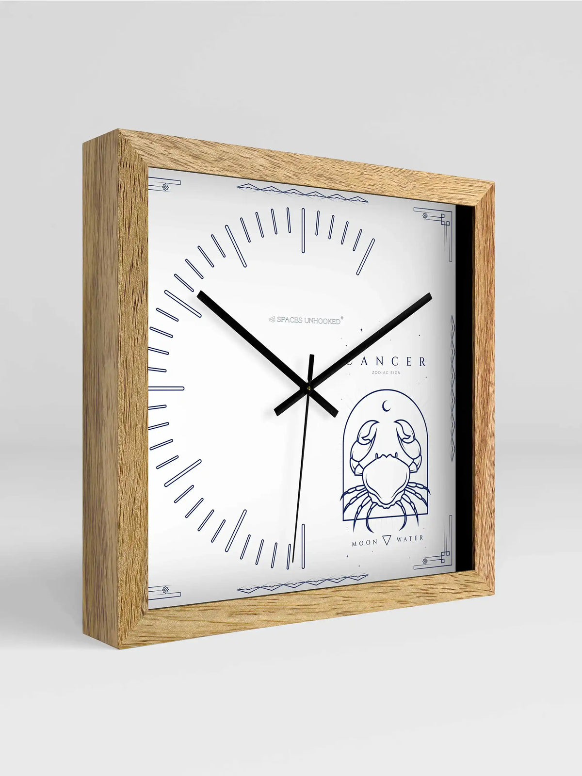 Cancer Zodiac Square Light Wood Wall Clock – 3D View Natural Oak Frame White Dial | Spaces Unhooked