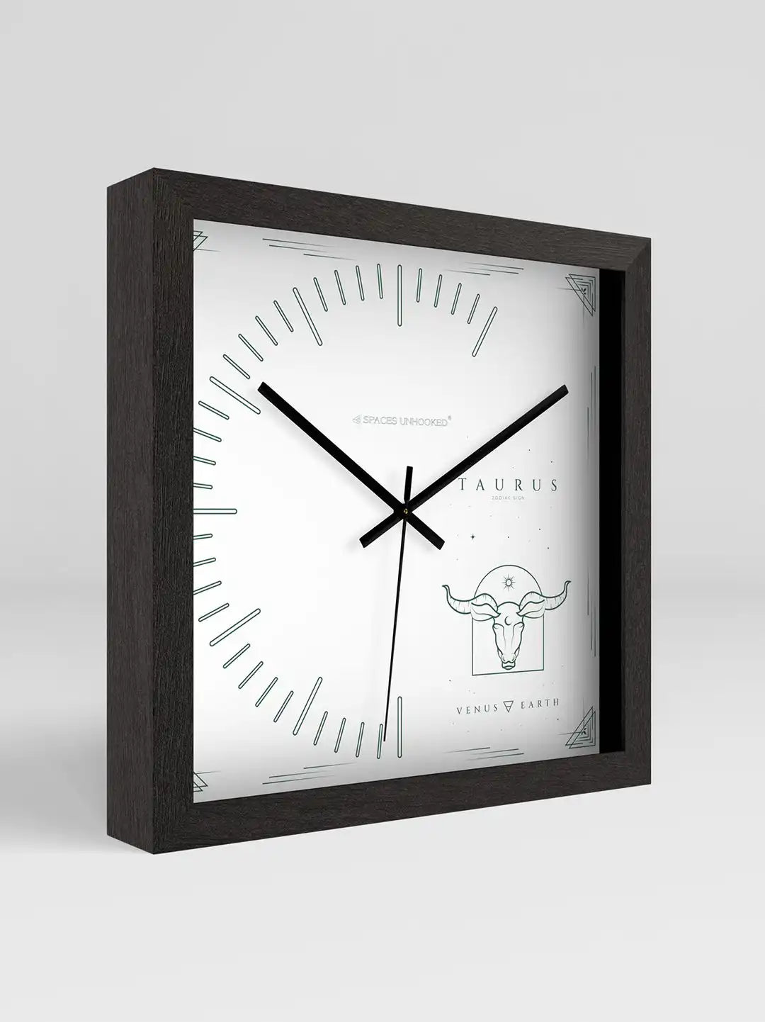 Taurus zodiac wall clock in premium dark wood frame, contemporary wooden wall clock with bull illustration, elegant home décor clock