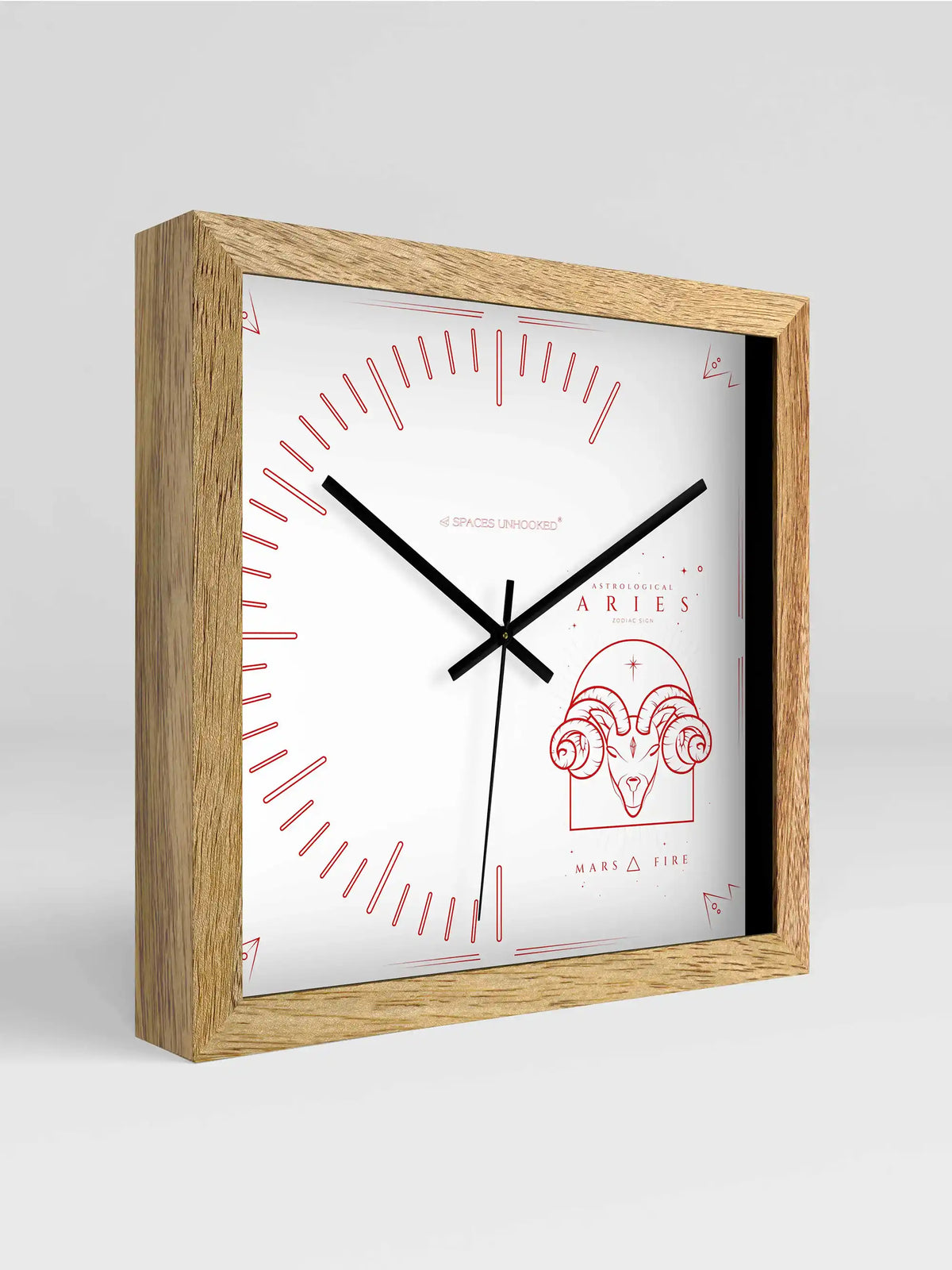 Aries Zodiac Wall Clock Close-Up Showing Natural Wood Frame and Red Dial Markers