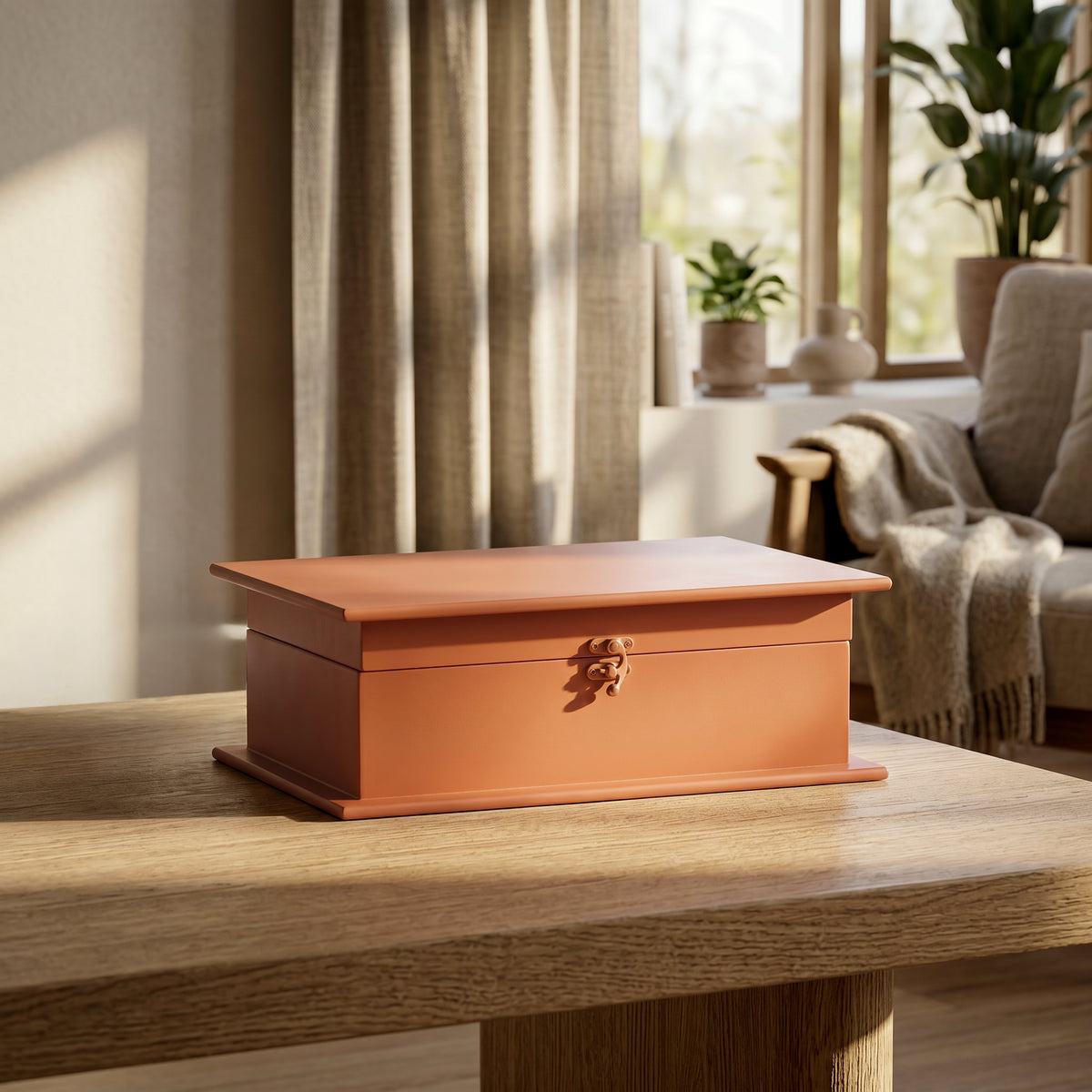 Wooden jewelry box on a wooden table with a cozy living room background