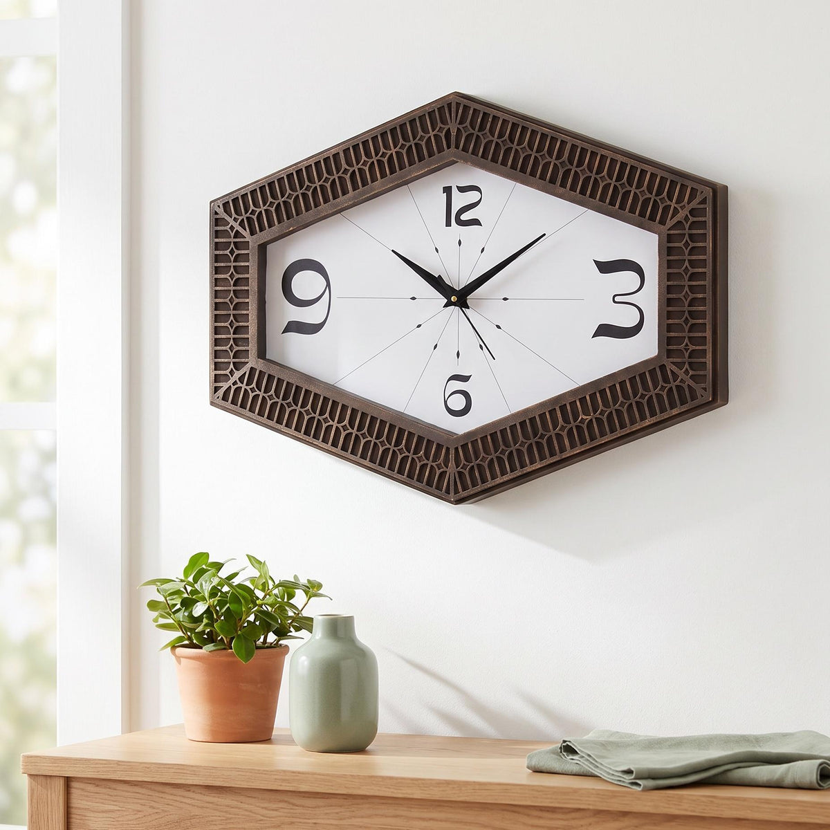 Spaces Unhooked Hexagonal Wall Clock, Dark Brown Lattice Frame