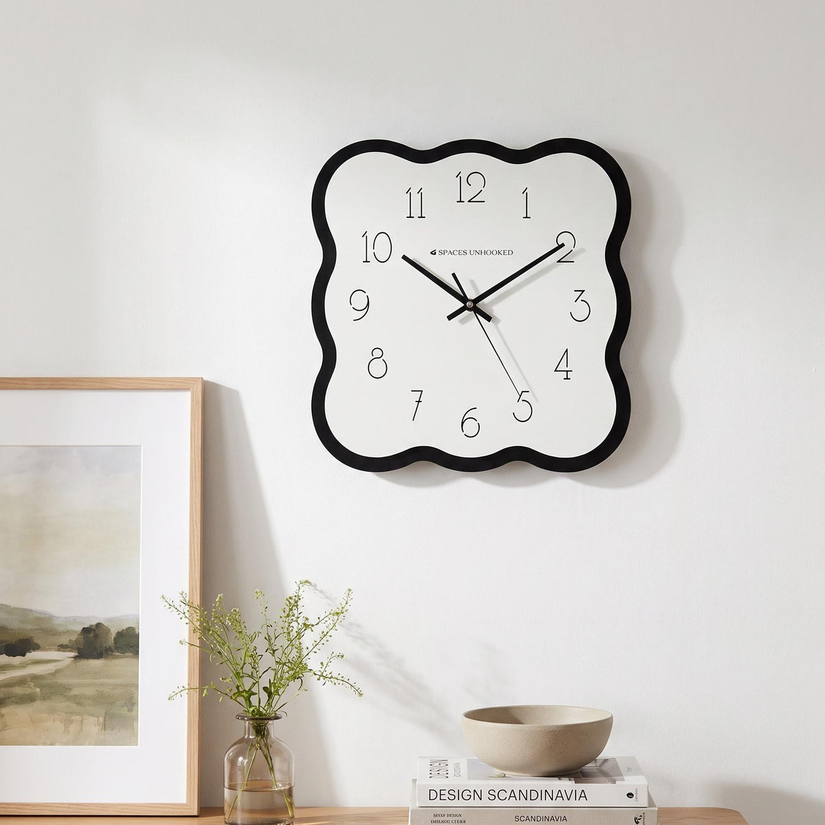 Spaces Unhooked Wavy Wall Clock, Black Scalloped Frame, Slim Numerals