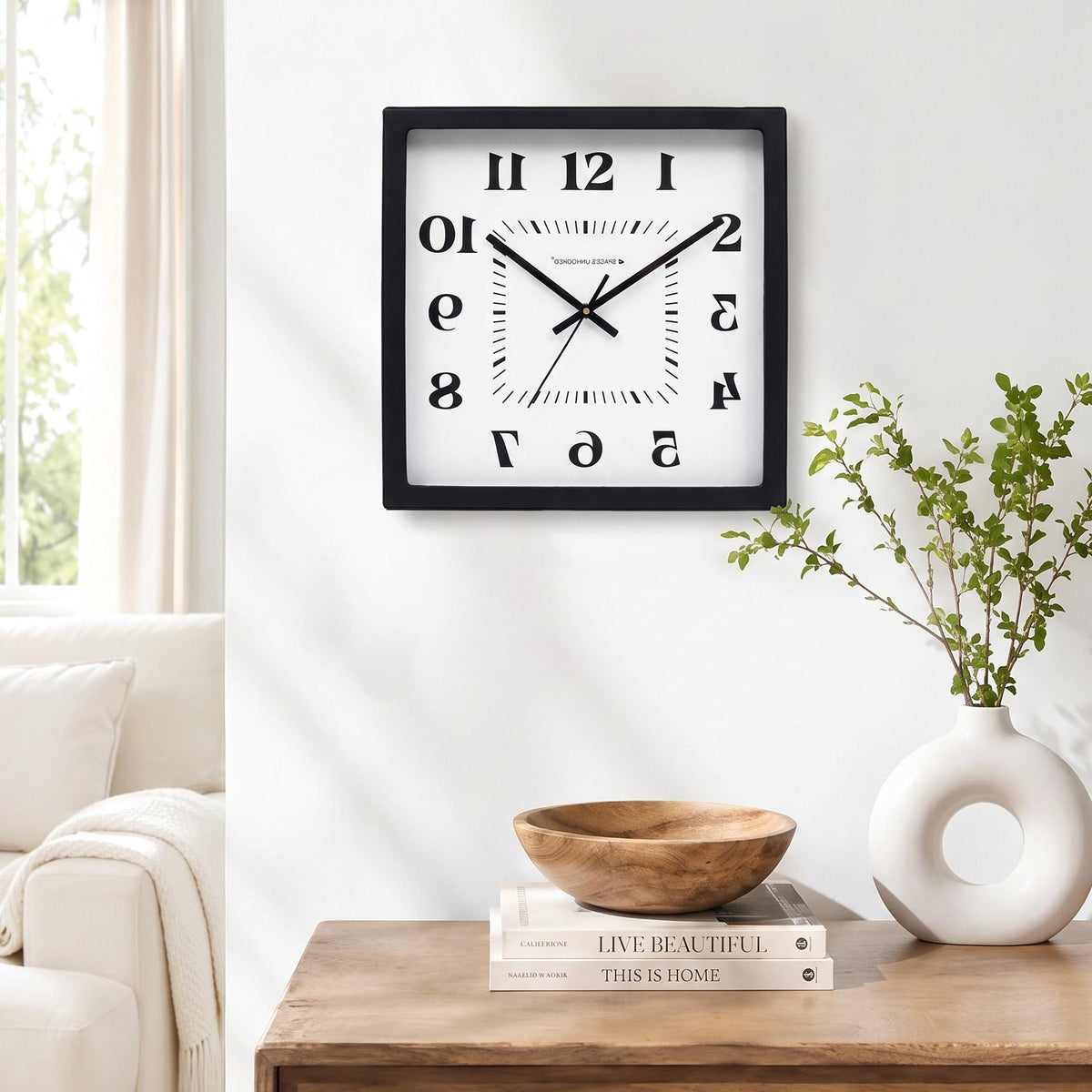 Spaces Unhooked logo above the brass-toned centre cap on a mirror numerals clock dial