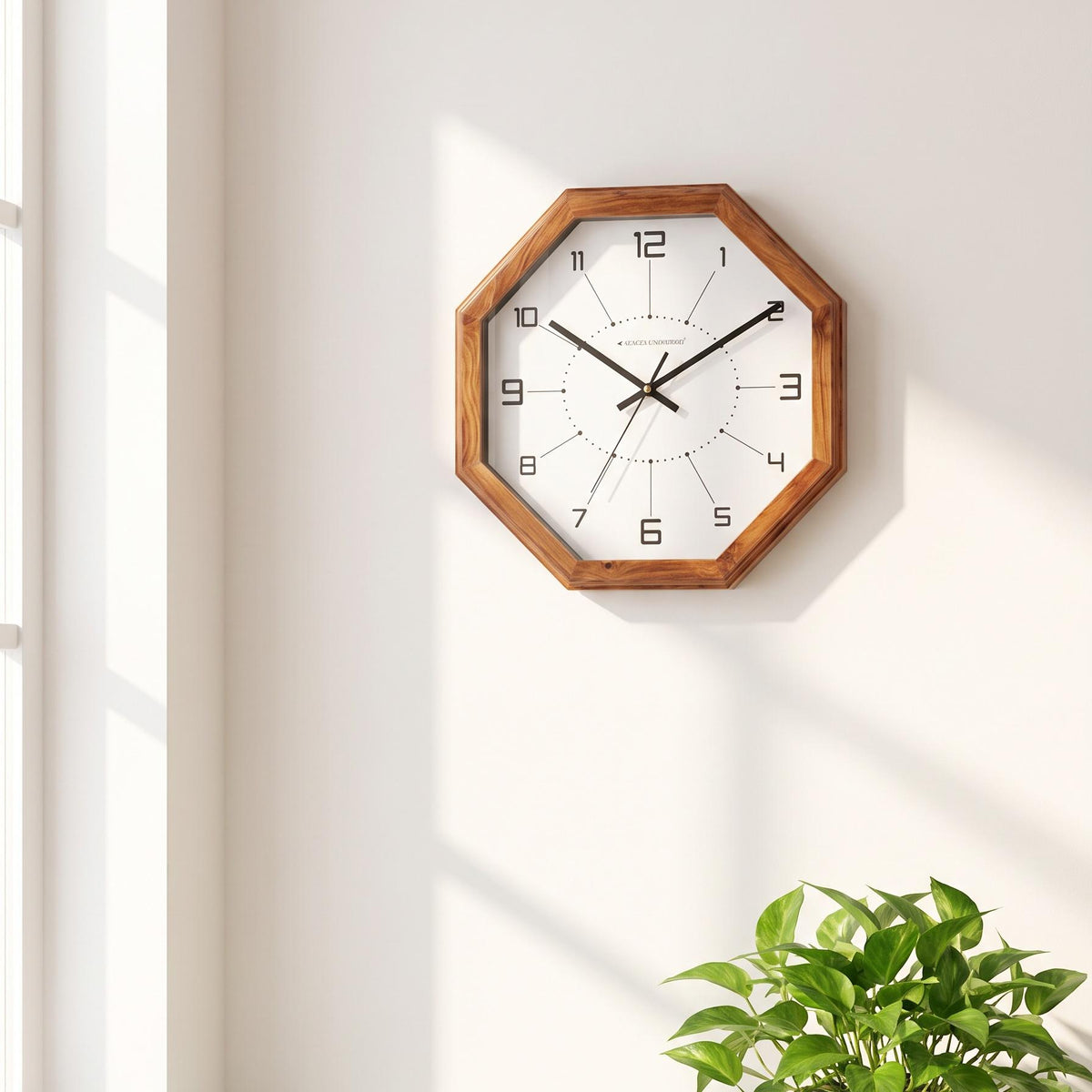 Close-up of the wooden octagonal frame of a clock with warm natural grain