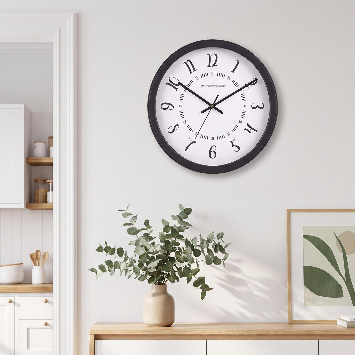 Spaces Unhooked Round Wall Clock, Calligraphic Numerals, 24-Hour Ring