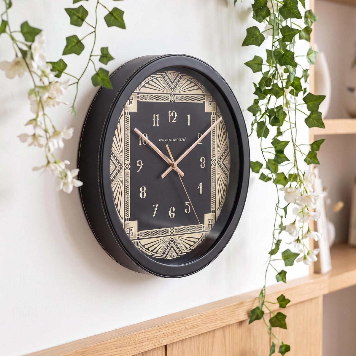 Spaces Unhooked Art Deco Round Wall Clock, Black and Cream
