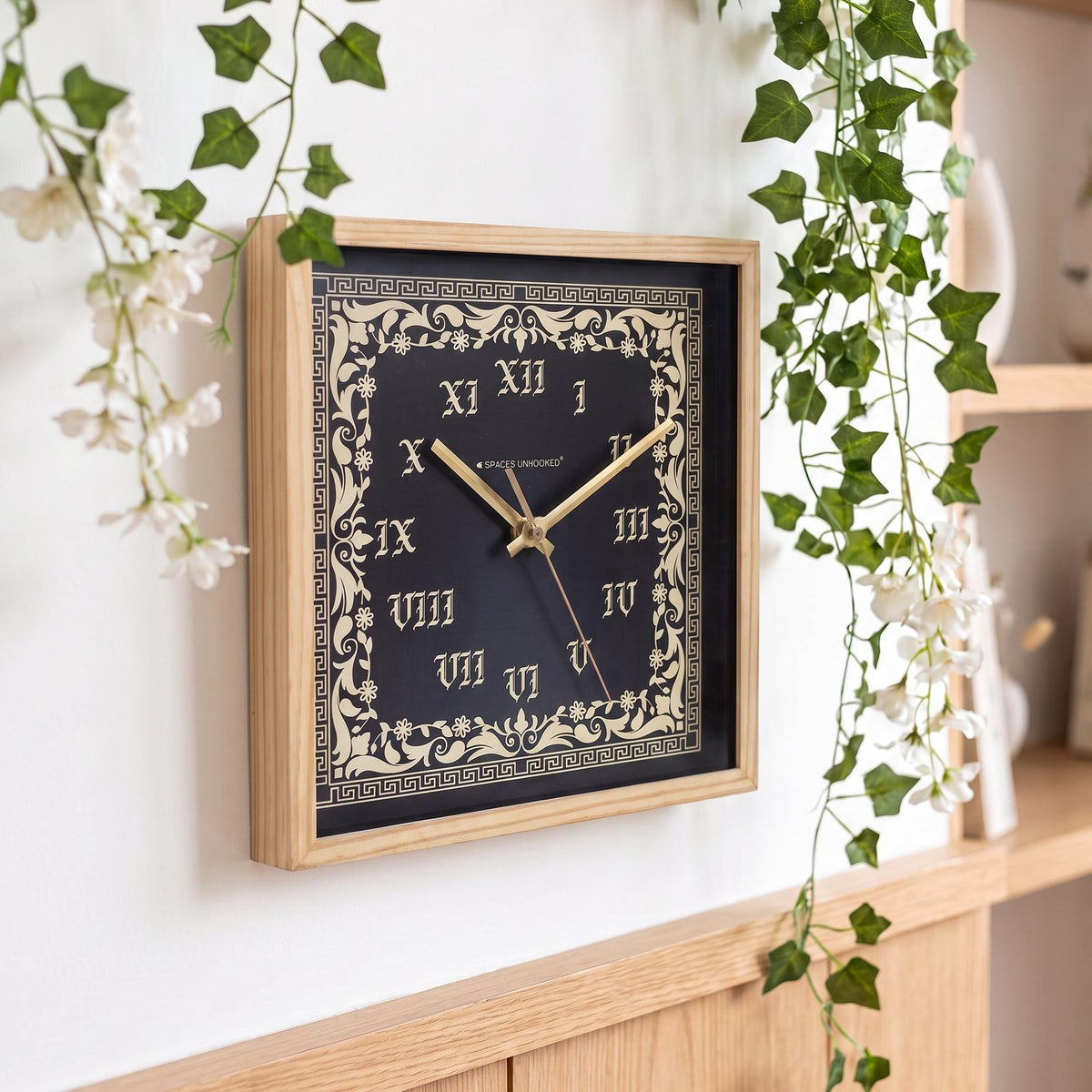 Spaces Unhooked Square Wooden Wall Clock, Black Dial, Roman Numerals
