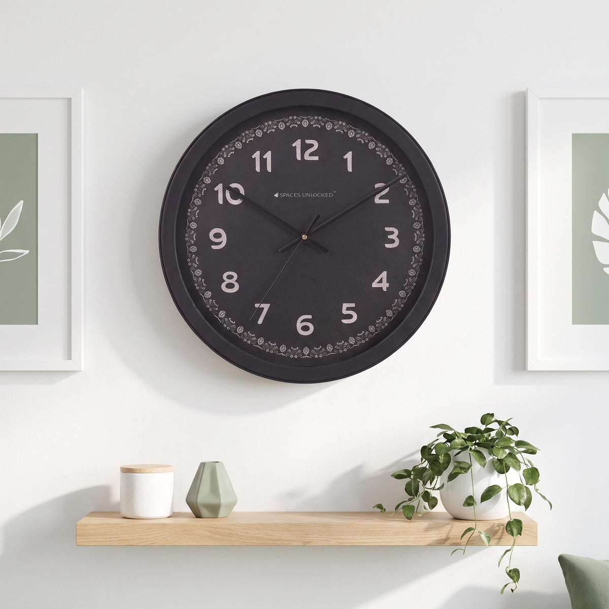 Spaces Unhooked Round Black Wall Clock, Black Dial, Textured Numerals