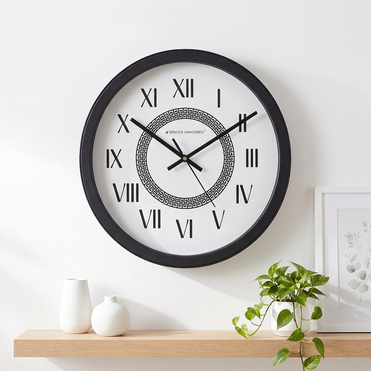 Spaces Unhooked Round Wall Clock, Roman Numerals, Greek Key Centre