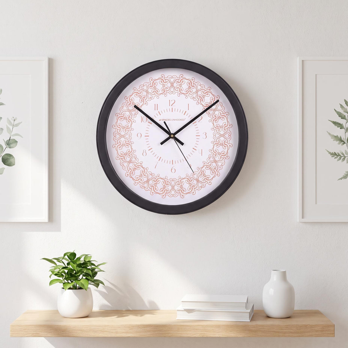 Spaces Unhooked Round Wall Clock, Coral Filigree Pattern, White Dial