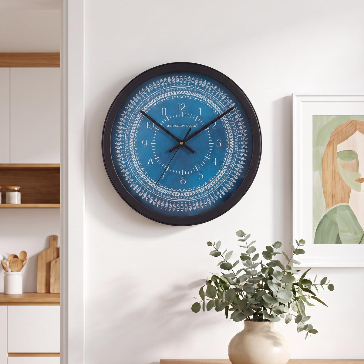 Spaces Unhooked Round Wall Clock, Teal Blue Dial, Leaf Mandala Pattern