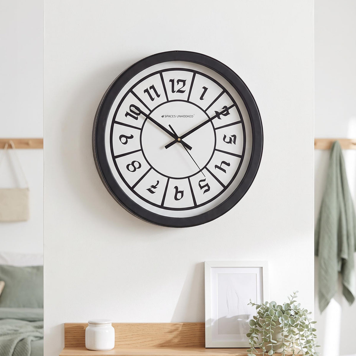 Spaces Unhooked Round Wall Clock, Boxed Numerals, Black and White Dial