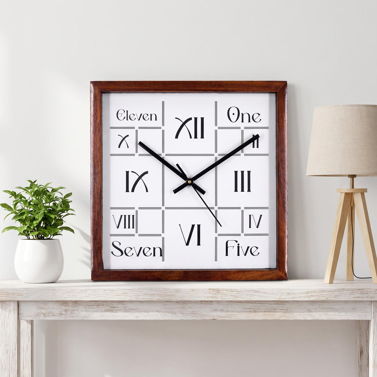 Spaces Unhooked Square Wooden Wall Clock, Roman Numerals and Words