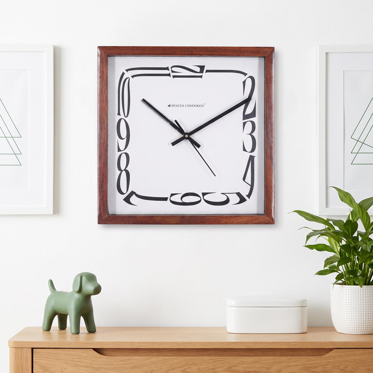 Spaces Unhooked Square Wooden Wall Clock, Warped Numerals, Brown Frame