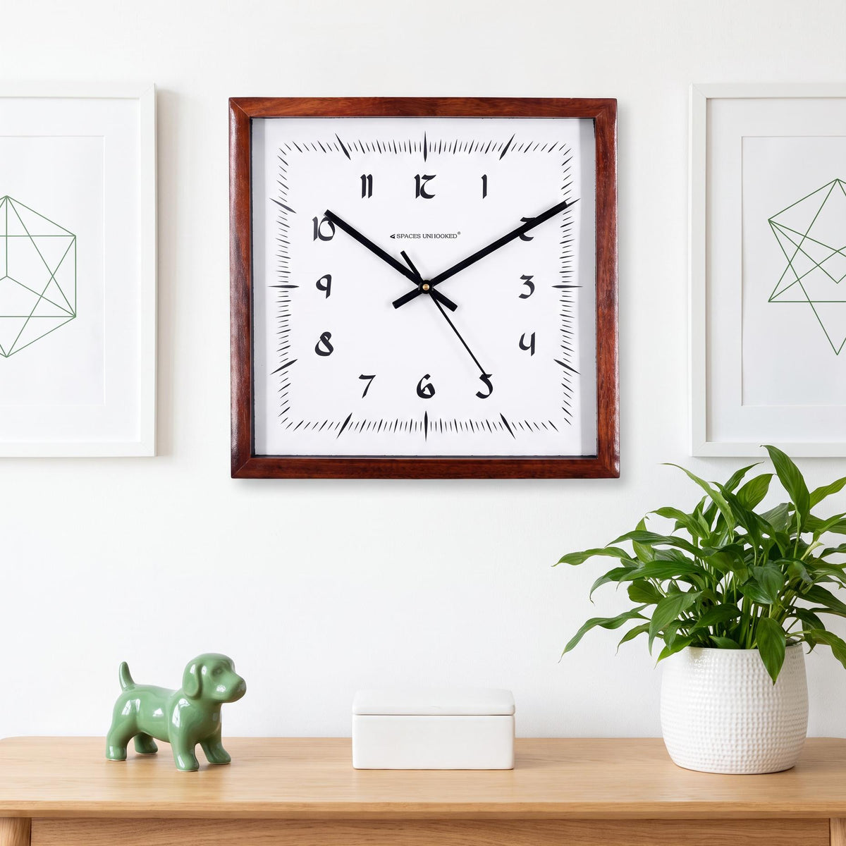 Spaces Unhooked Square Wooden Wall Clock, Vintage Sunburst Dial