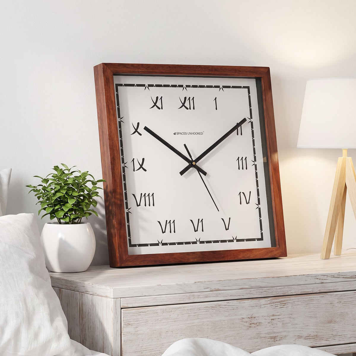 Spaces Unhooked Square Wooden Wall Clock, Quirky Roman Numerals