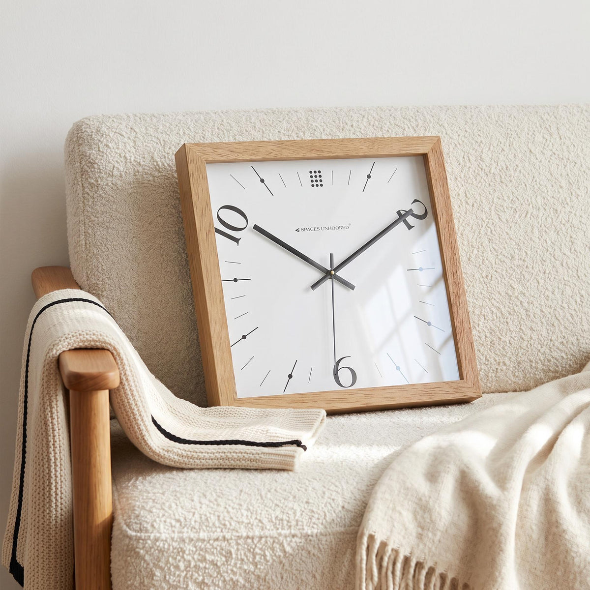 Pale natural oak square wooden frame with soft visible grain and clean corners, close-up