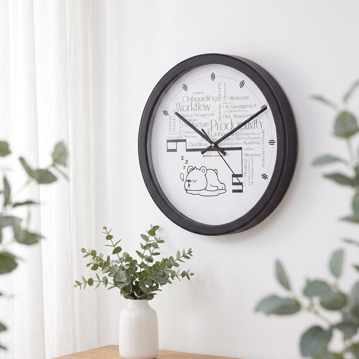 Spaces Unhooked Office Wall Clock, Word Cloud, Sleepy Bear