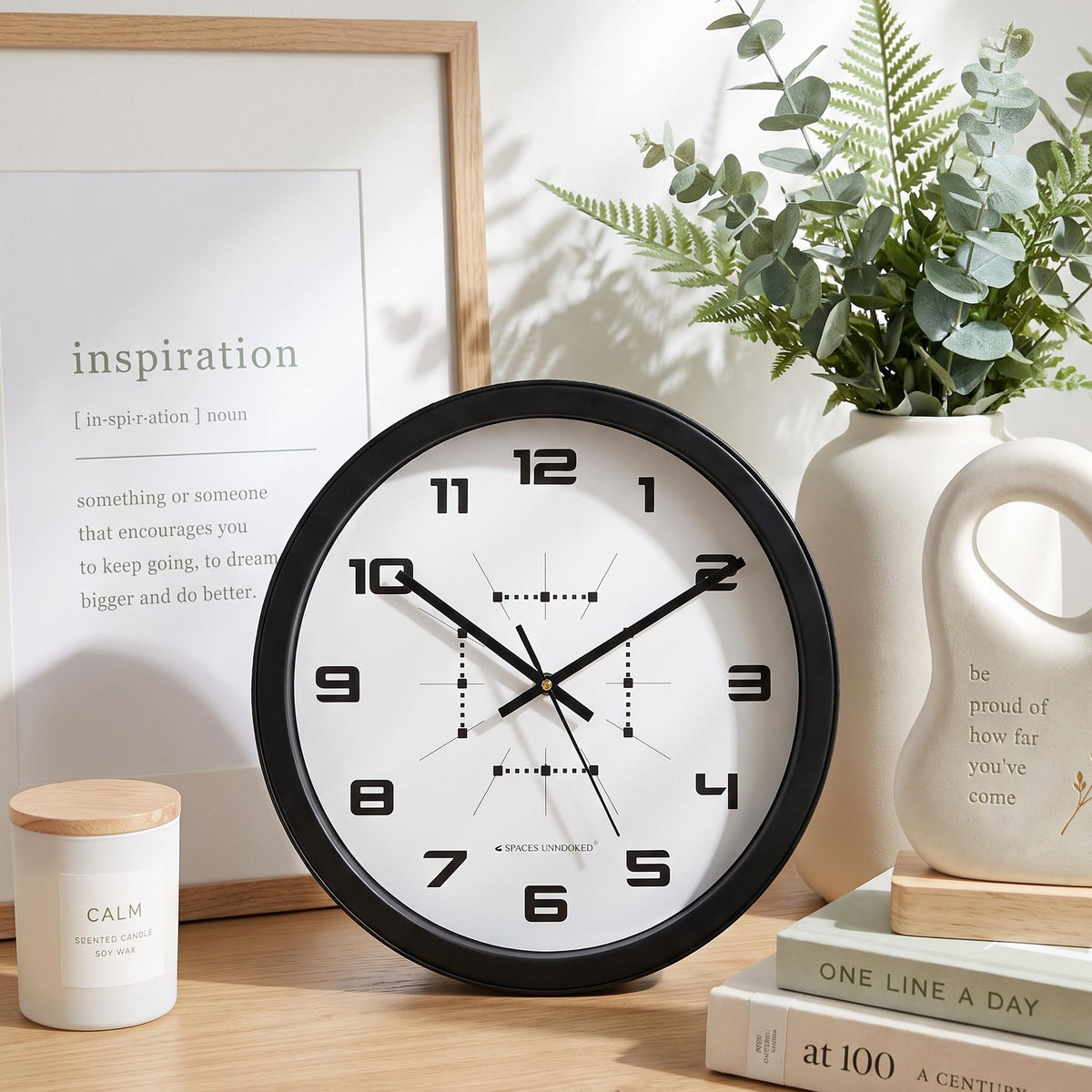 Spaces Unhooked Round Wall Clock, Bold Modern Numerals, Black Frame