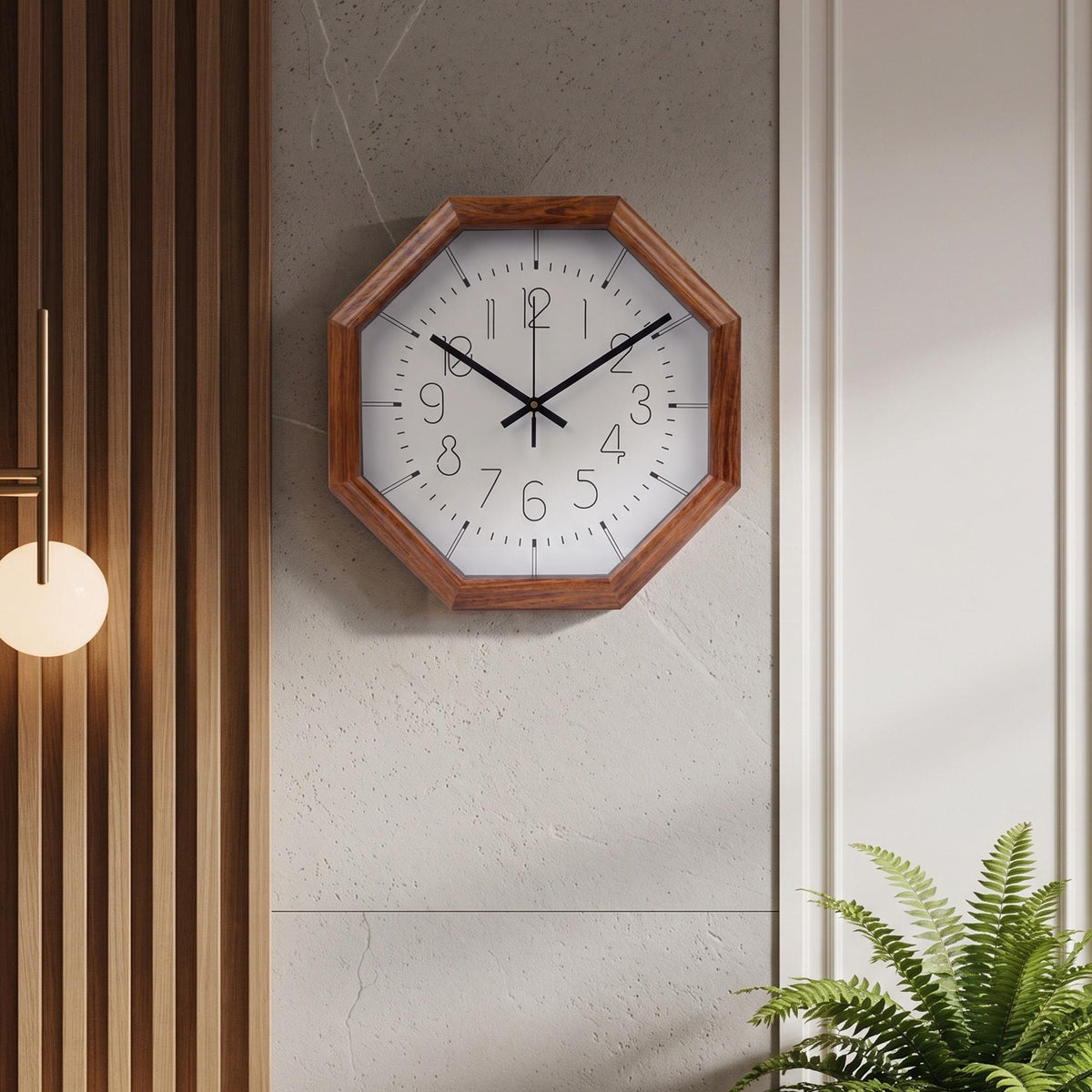 Close-up of the rich wood-grain octagonal frame of a clock