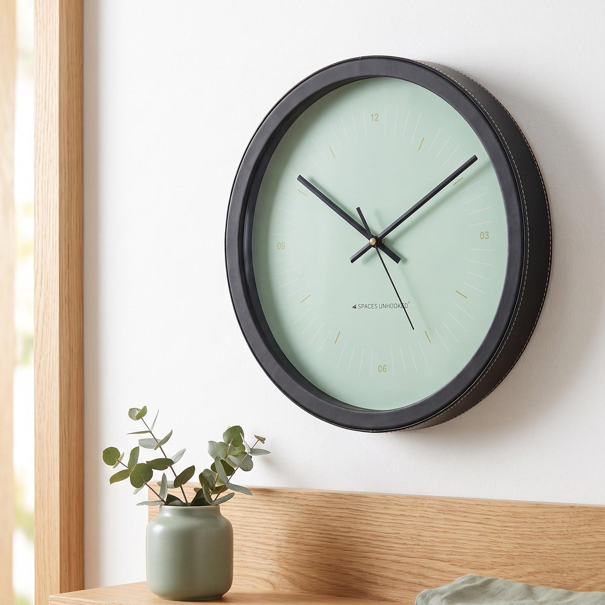 Spaces Unhooked Round Wall Clock, Mint Green Dial, Black Frame