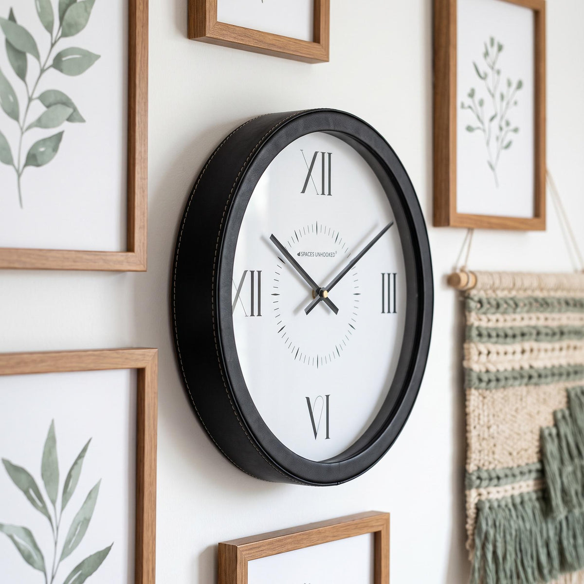 Spaces Unhooked Round Wall Clock, Roman Numerals at 12 3 6 9, Black